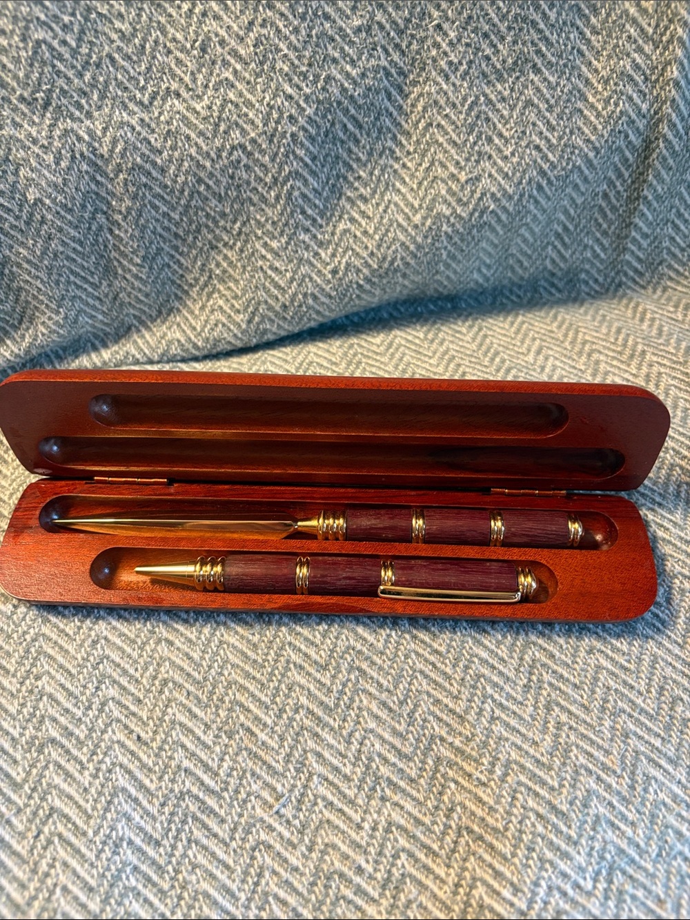 Wooden Ballpoint Pen and Letter Opener Set with Case - Mahogany Tone